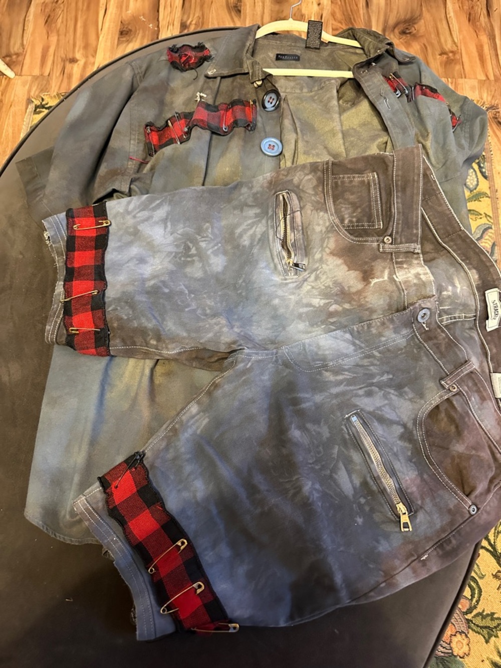 Men's Washed Gray Cargo Pants with Red Plaid Trim